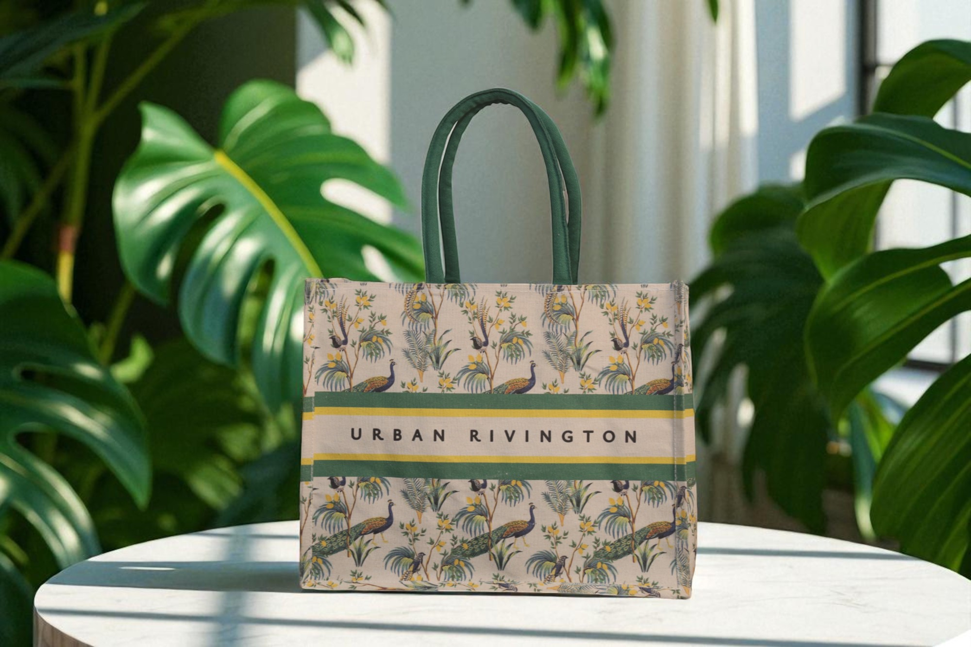 IMG_9521-Photoroom.jpg A canvas tote bag with a peacock and foliage print