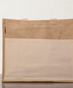 A rectangular natural brown jute tote bag featuring a large