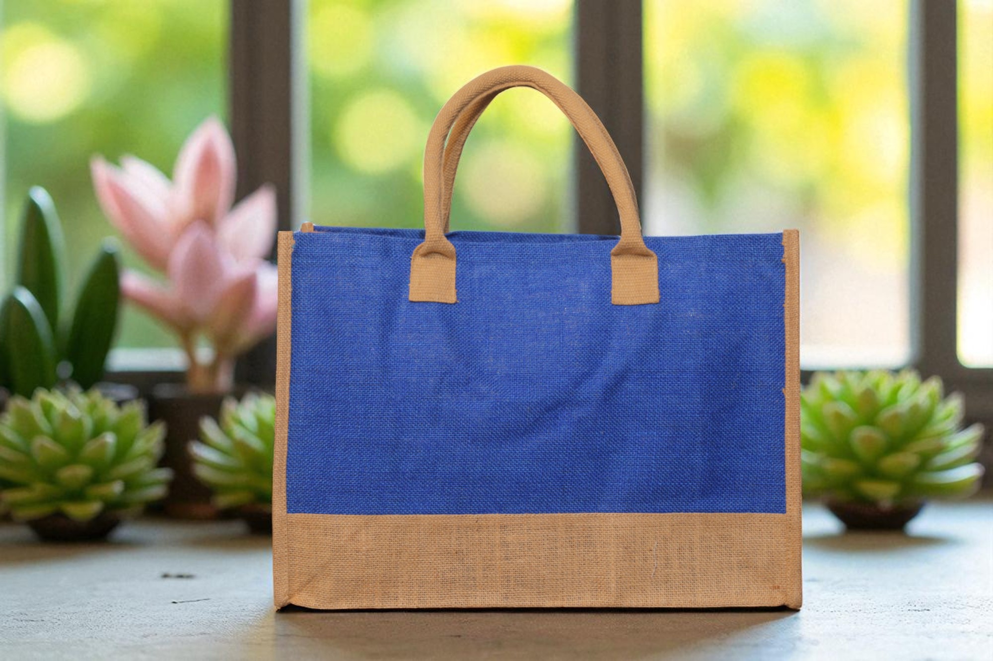 IMG_9762-Photoroom A rectangular tote bag with a vibrant royal blue jute body and a natural brown jute base and handles. The bag is presented against a light wall with a soft-focus background of stacked bags or materials.