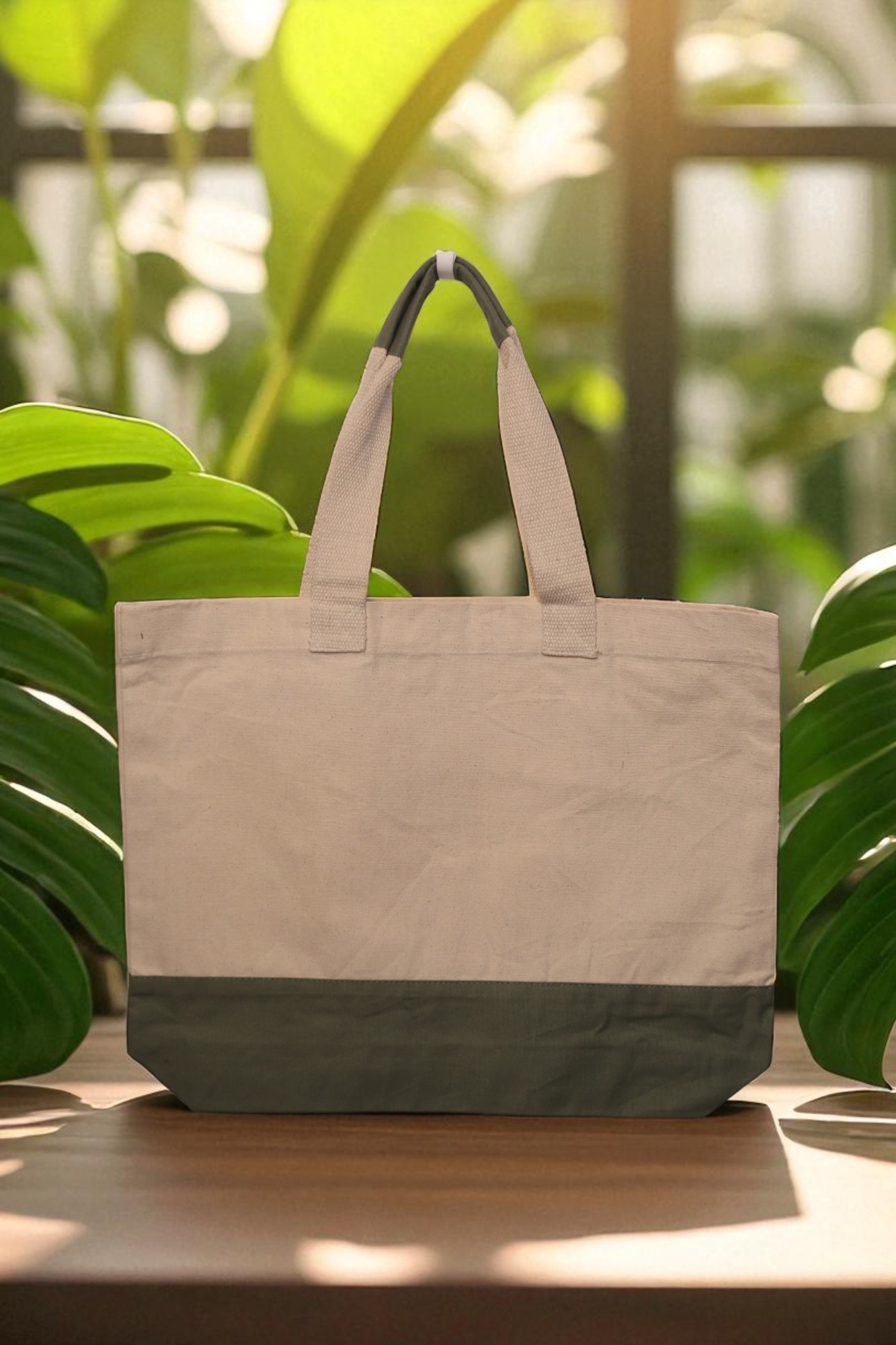 IMG_9871-Photoroom Natural canvas tote bag with a contrasting olive jute base and dual-toned sturdy handles.