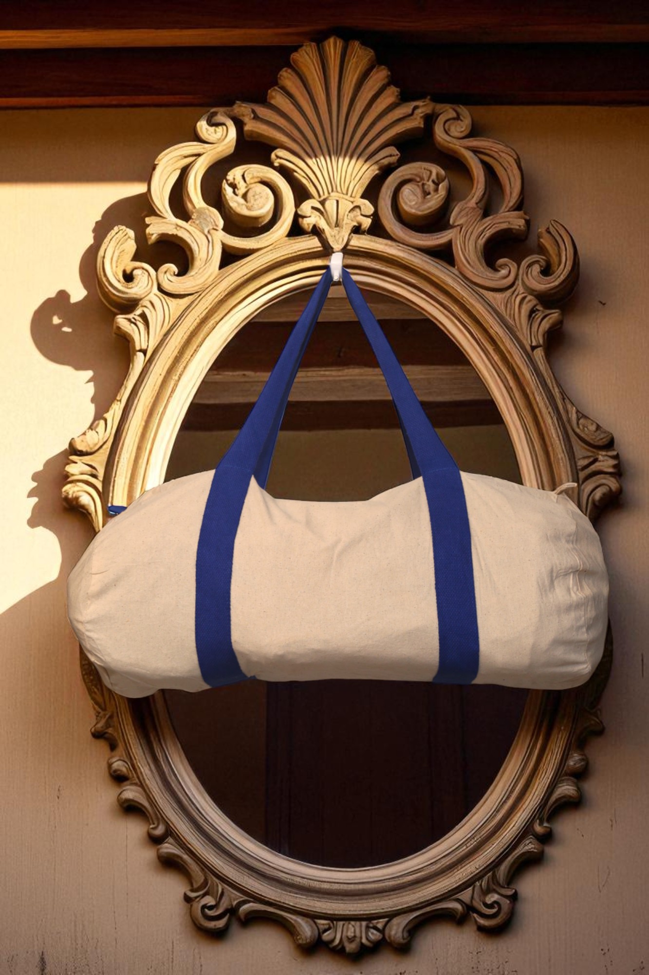 IMG_9874-Photoroom.jpg Natural canvas cylindrical duffle bag with royal blue handles and straps