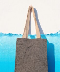 Gray textured cotton tote bag with natural beige handles