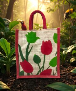 Jute bag with red and green tulip design