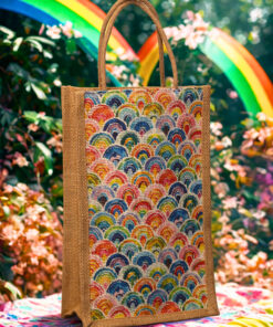 A medium-sized rectangular jute bag featuring a vibrant and colorful repeating pattern of overlapping semi-circles resembling fish scales or waves.