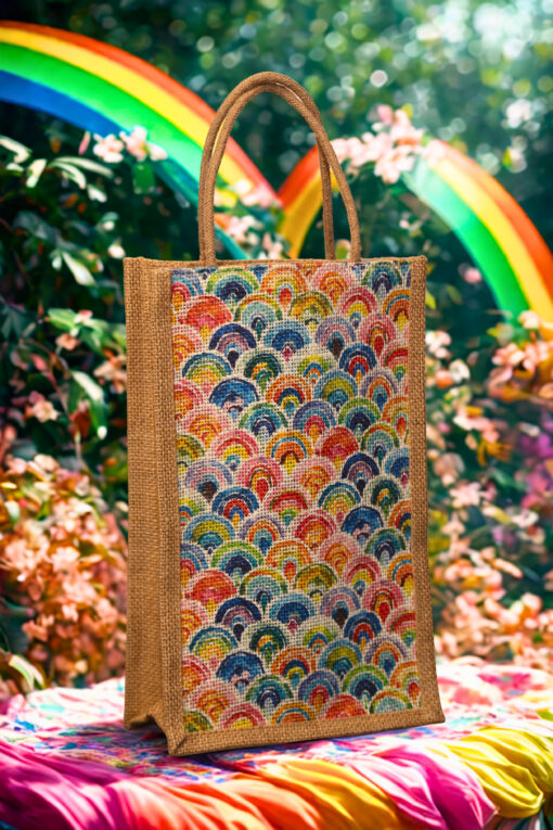 A medium-sized rectangular jute bag featuring a vibrant and colorful repeating pattern of overlapping semi-circles resembling fish scales or waves.