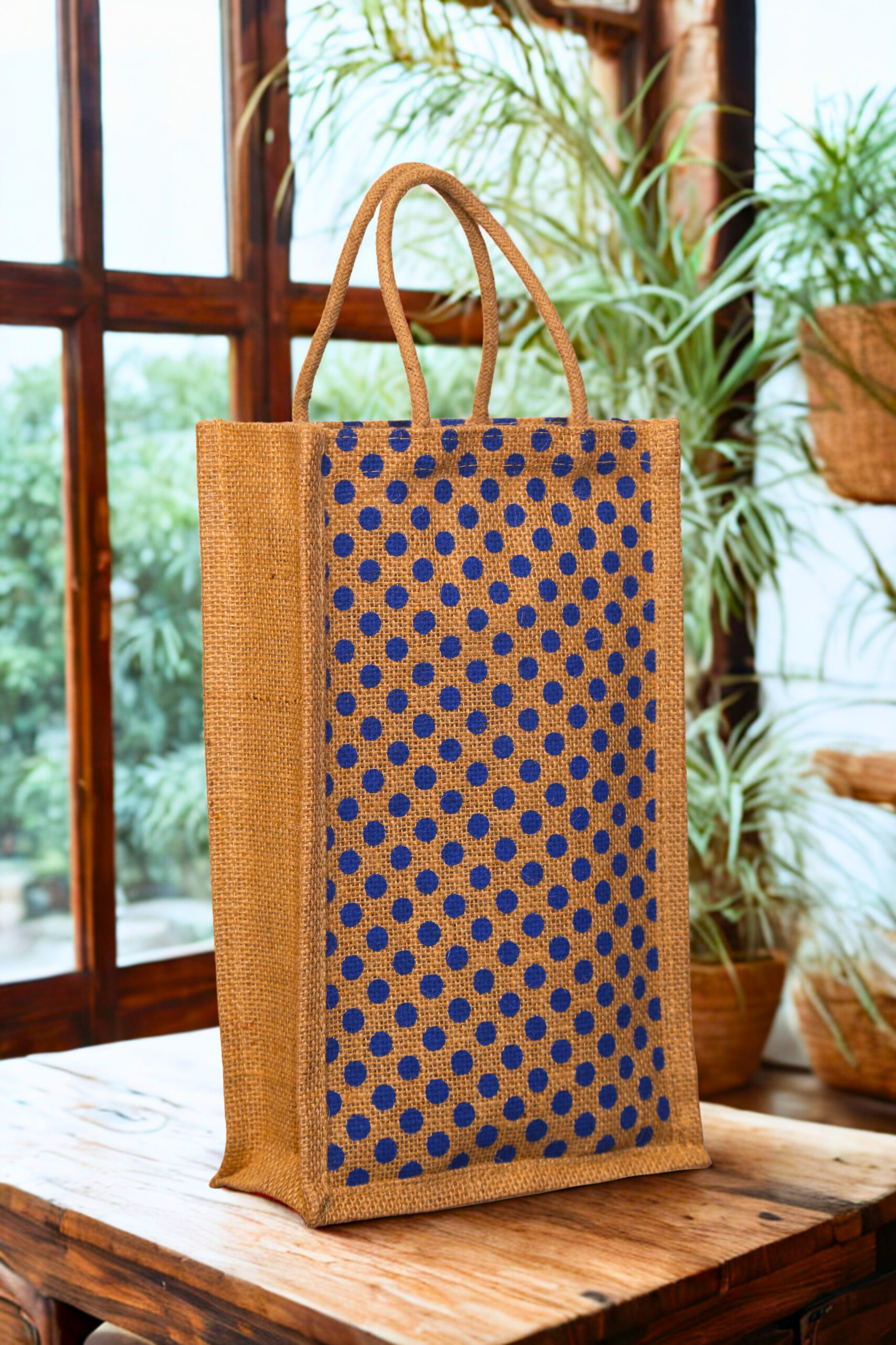 a72a2266-b44b-41d9-a337-4f4d9343791a A medium-sized rectangular jute bag with a pattern of evenly spaced blue polka dots on a natural jute background.