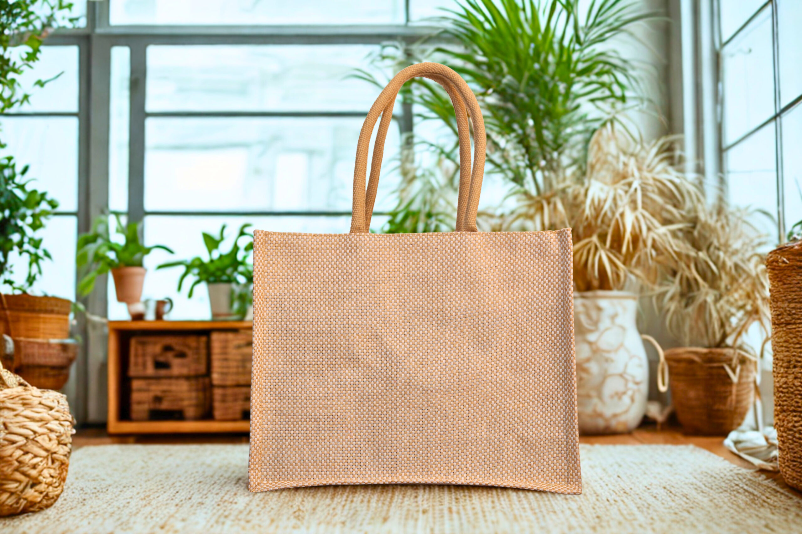 a8168f81-d13a-4c42-ba23-3a0d3c0696a3 Structured woven jute handbag with rounded rope handles and a boxy rectangular shape in natural beige tone.