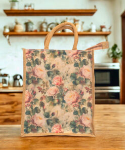A medium-sized jute bag with floral rose print and natural jute handles.