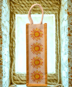 Eco-friendly juco wine bottle bag with rope handle and vibrant sunflower print design on the front.