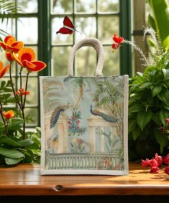 A canvas tote bag with thick woven handles and a detailed garden scene print featuring peacocks