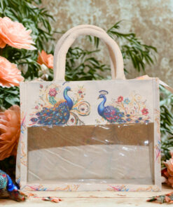 Elegant canvas bag with dual peacock print design and transparent front window