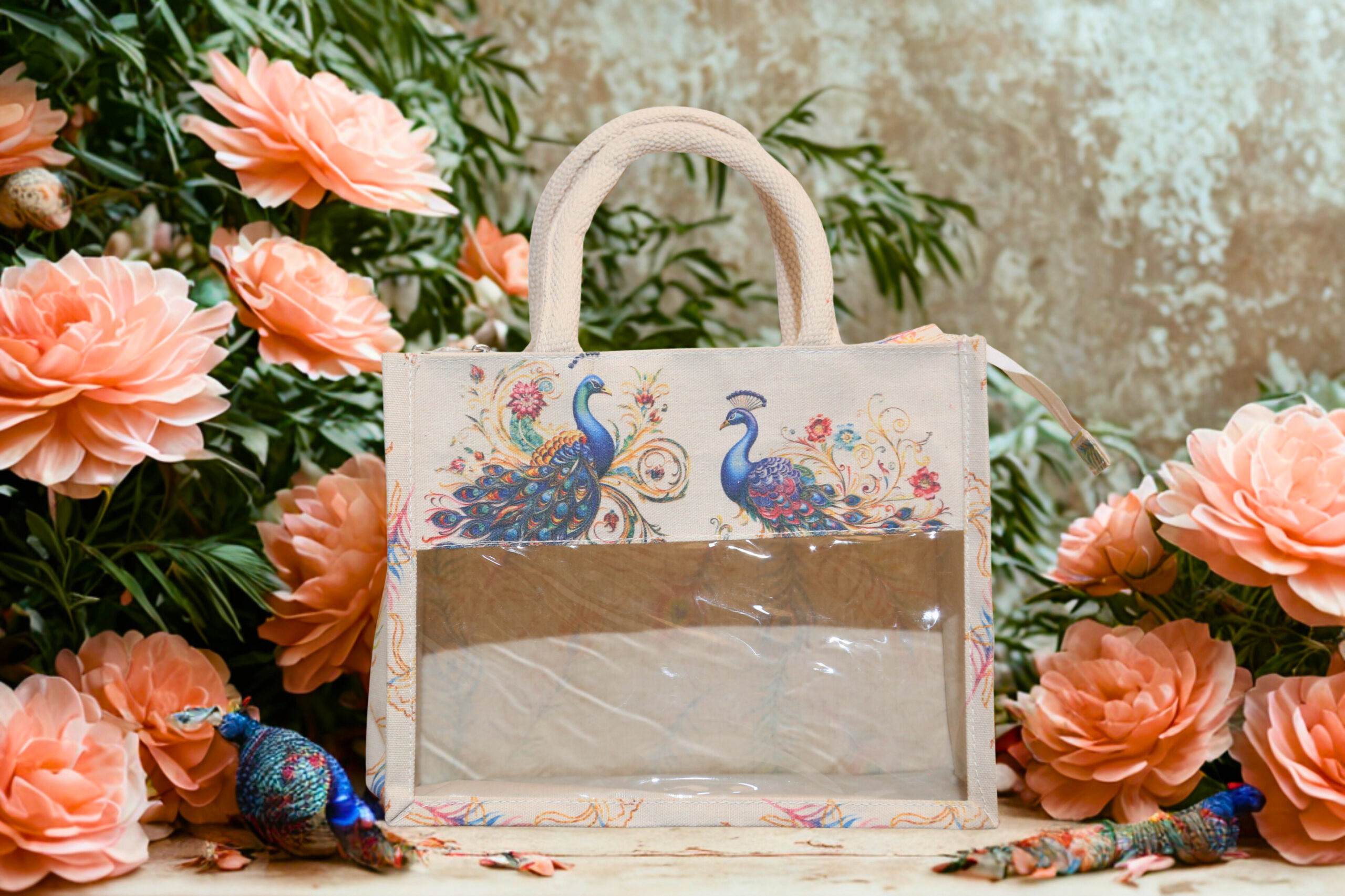 b1570f6a-9de0-4581-a6b9-135127e3f706-scaled-1.jpg Elegant canvas bag with dual peacock print design and transparent front window