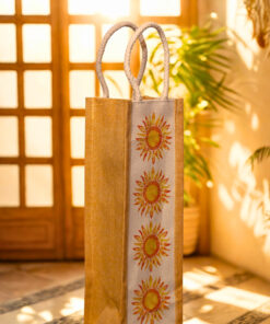 Eco-friendly juco wine bottle bag with rope handle and vibrant sunflower print design on the front.