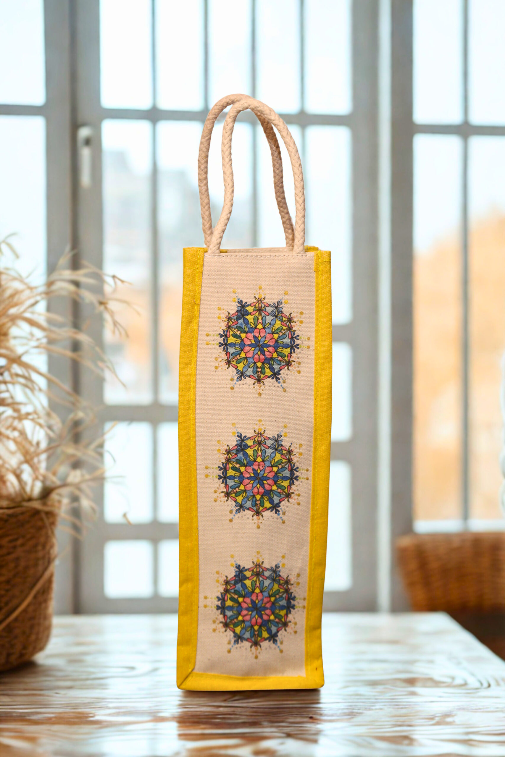 bdf7848b-c3d4-462c-af3a-8d55f54134e6 Eco-friendly canvas bottle bag featuring vibrant mandala designs and a yellow fabric border with white rope handle.