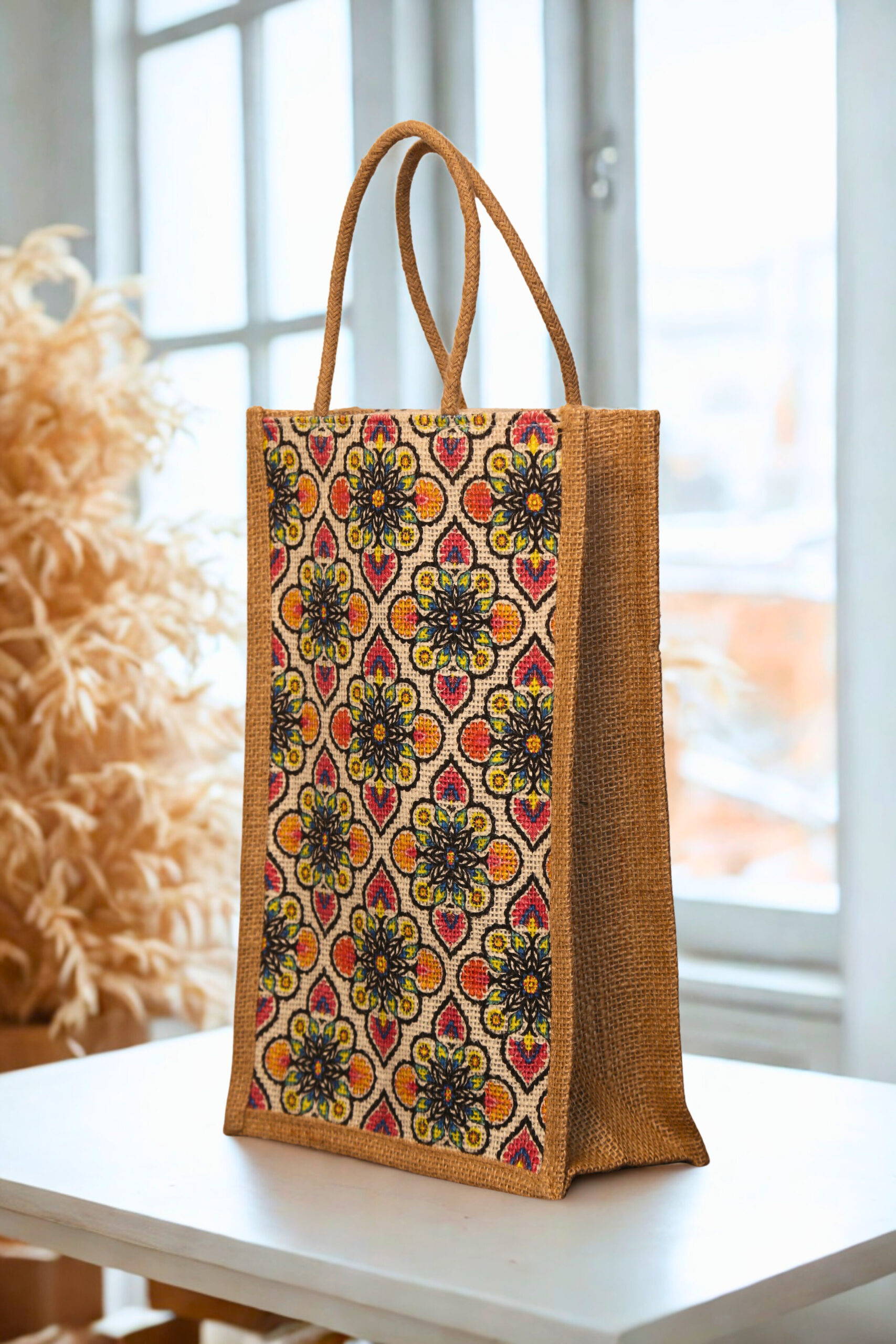 bf23e4ca-22fe-4094-bb3e-20b7601a370d A medium-sized rectangular jute bag with a colorful, repeating geometric and floral-inspired pattern.