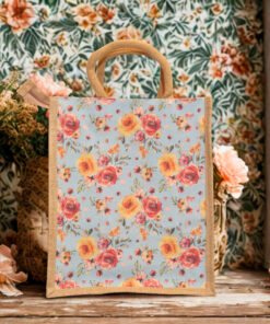 A medium jute bag with sky blue floral print featuring red and yellow roses