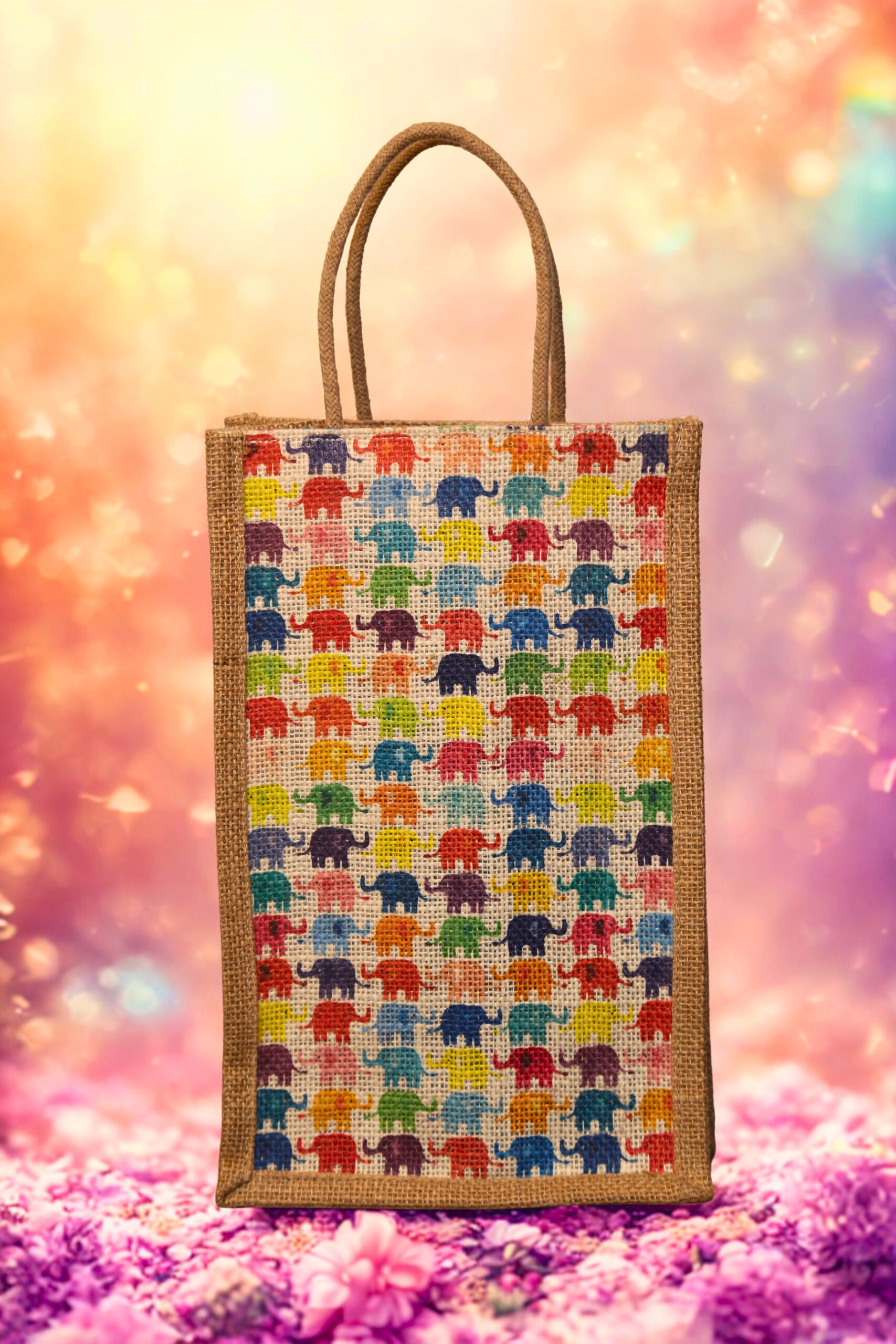 c832eca1-7af0-4b64-934f-94b51eef2dd7 A medium-sized rectangular jute bag featuring a repeating grid pattern of small, colorful elephants.