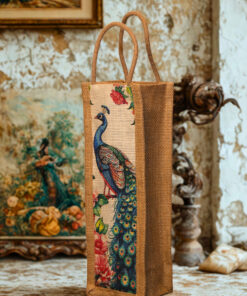 A tall, narrow jute bag with an illustrated peacock and floral design on the front.