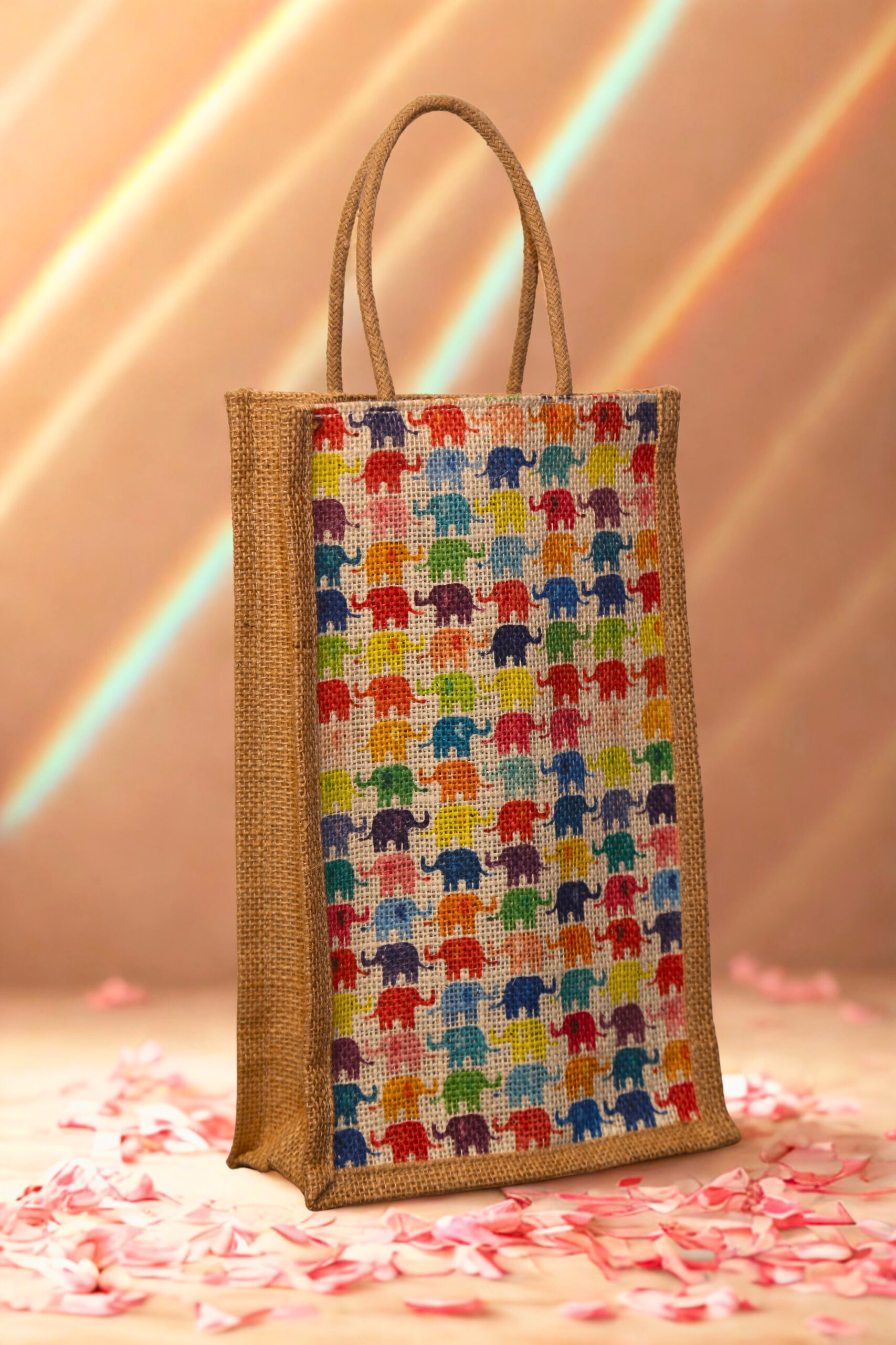 d920e961-7f23-425e-9751-015be9e03db4 A medium-sized rectangular jute bag featuring a repeating grid pattern of small, colorful elephants.