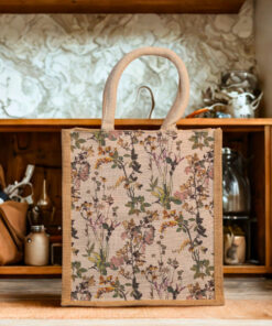 Jute bag with elegant wildflower print and cotton rope handles
