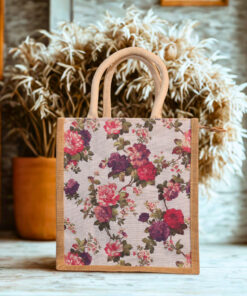 Eco-friendly jute gift bag with floral print and cotton rope handles
