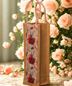 Jute bottle bag with floral print fabric panel and red-and-white rope handles.