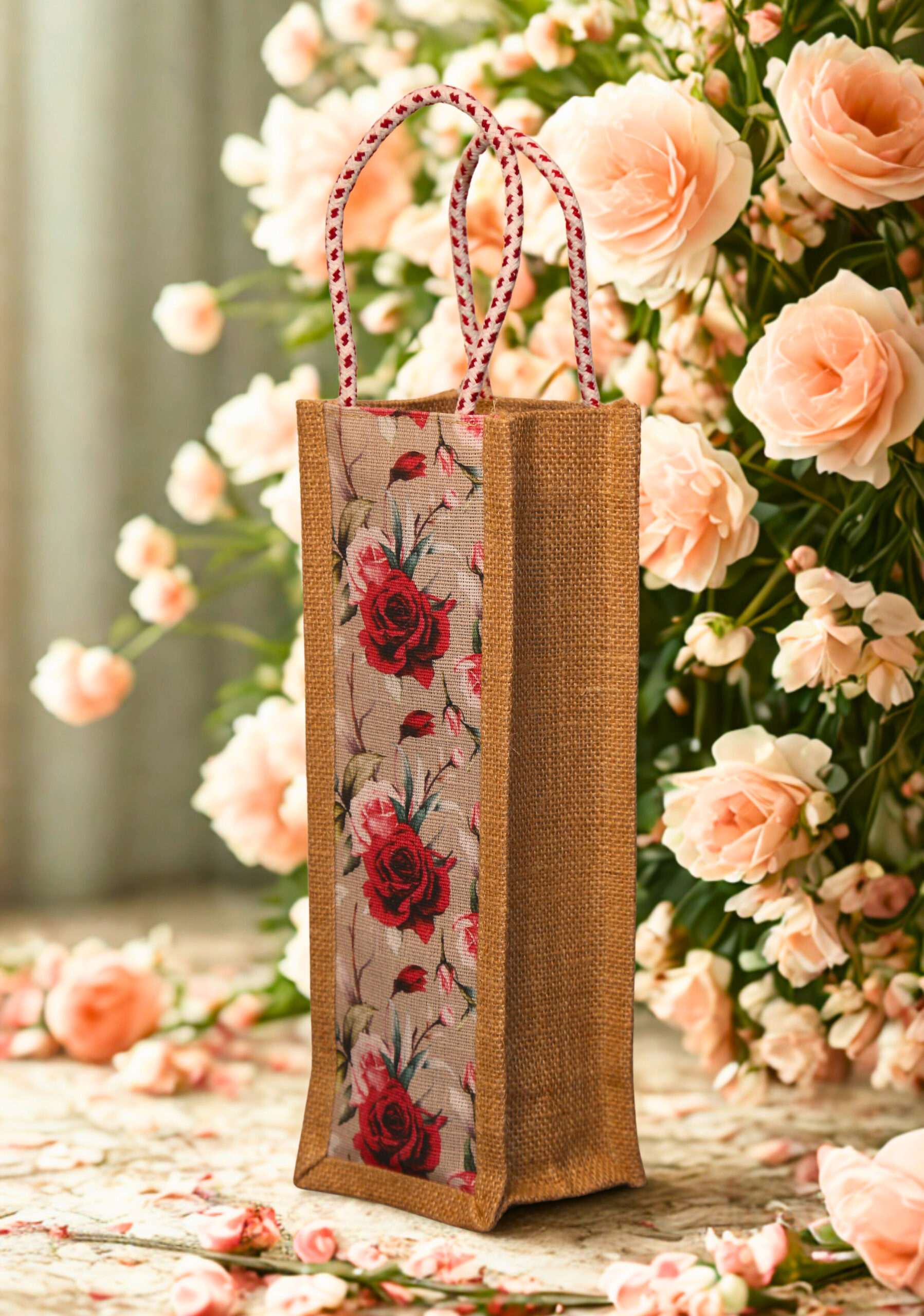 e497a135-3404-45de-8a74-592b6abfee26 Jute bottle bag with floral print fabric panel and red-and-white rope handles.