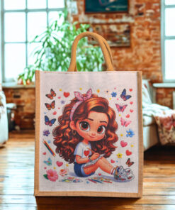 A jute bag featuring a cute cartoon girl surrounded by butterflies