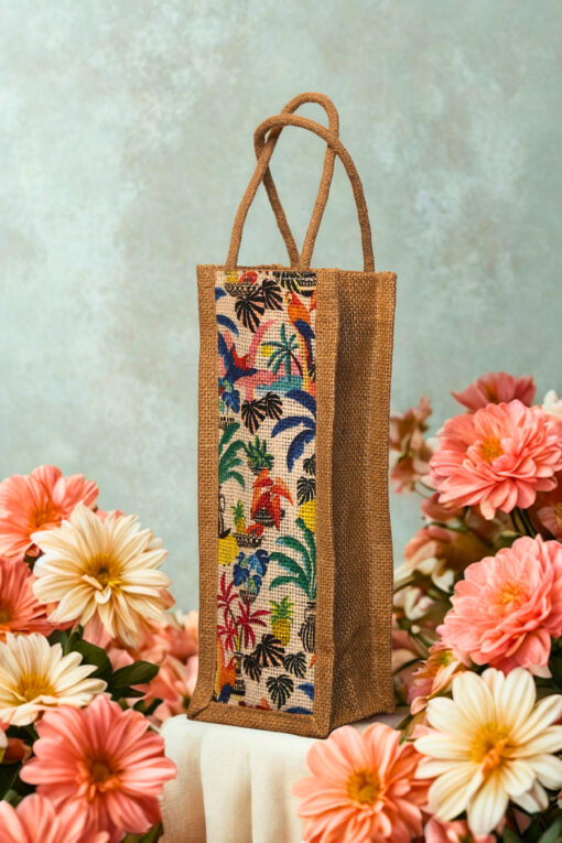 A tall, narrow jute bag with a colorful, whimsical print featuring tropical birds, flowers, and foliage.