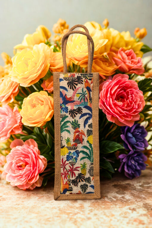 A tall, narrow jute bag with a colorful, whimsical print featuring tropical birds, flowers, and foliage.