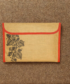 Jute File Pouch with Artistic Leaf Design and Red Border