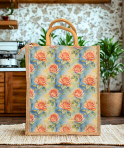 A medium-sized jute bag with peach rose floral print on a blue background and natural jute handles.