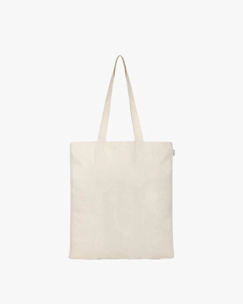 image (2) Plain natural-colored cotton tote bag with long handles on a white background.